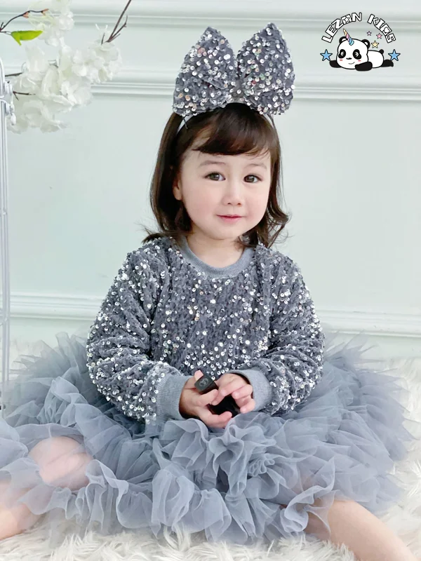 LEZONKIDS - Custom Comfortable Long Sleeve Red Velvet Girl Princess Dress Sequin Tulle Dress for Girls